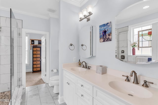 1514 Grandiflora Dr, Leland, NC 28451 - bathroom featuring ornamental molding, marble look tile flooring, double vanity, and tiled shower