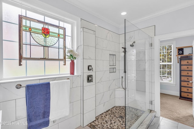 1514 Grandiflora Dr, Leland, NC 28451 - bathroom with a walk in shower and ornamental molding