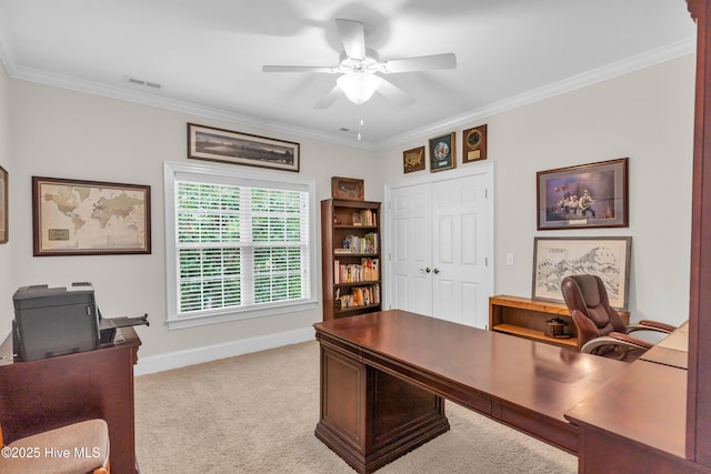 1514 Grandiflora Dr, Leland, NC 28451 - office featuring a ceiling fan, ornamental molding, and light carpet