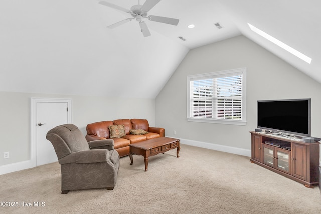 1514 Grandiflora Dr, Leland, NC 28451 - living room featuring carpet flooring, a skylight, vaulted ceiling, and ceiling fan