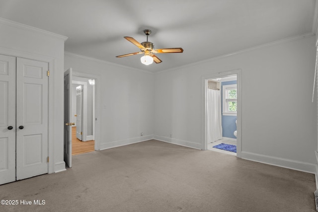 6074 NC-42 Hwy W, Macclesfield, NC 27852 - unfurnished bedroom with crown molding, carpet, a closet, ceiling fan, and ensuite bath