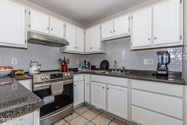 105 Woodside Ct, Jacksonville, NC 28546 - kitchen with electric range, under cabinet range hood, white cabinets, and decorative backsplash