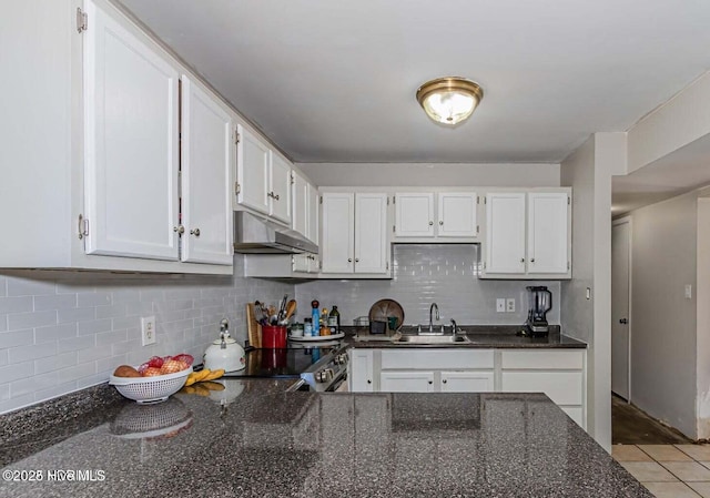 105 Woodside Ct, Jacksonville, NC 28546 - kitchen featuring under cabinet range hood, white cabinets, decorative backsplash, dark stone counters, and electric range