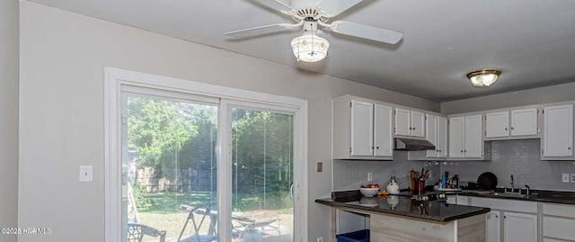 105 Woodside Ct, Jacksonville, NC 28546 - kitchen featuring under cabinet range hood, dark countertops, backsplash, white cabinets, and ceiling fan