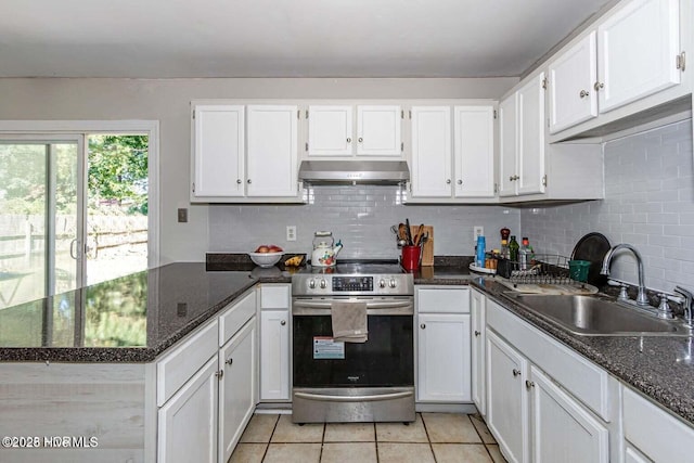 105 Woodside Ct, Jacksonville, NC 28546 - kitchen with electric range, under cabinet range hood, a peninsula, white cabinets, and light tile patterned flooring