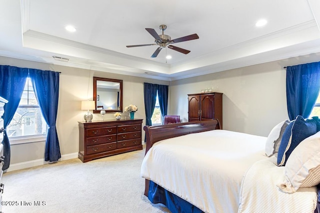 26 Calhoun Ln, Pinehurst, NC 28374 - bedroom featuring a raised ceiling, light carpet, crown molding, a ceiling fan, and recessed lighting