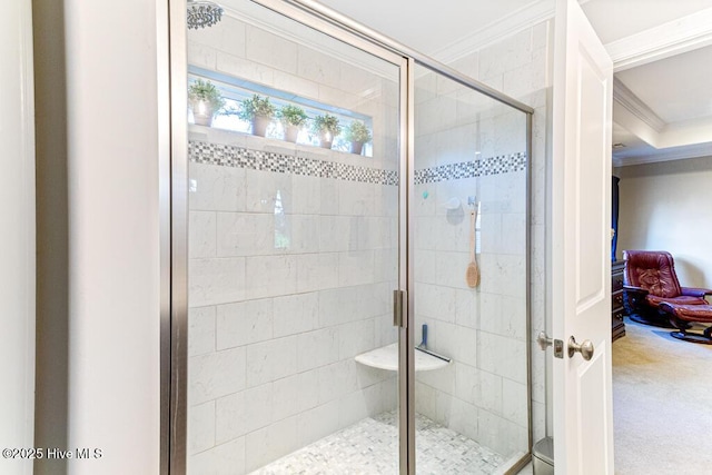 26 Calhoun Ln, Pinehurst, NC 28374 - bathroom featuring crown molding and a stall shower