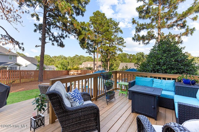 26 Calhoun Ln, Pinehurst, NC 28374 - wooden deck featuring an outdoor living space and a fenced backyard