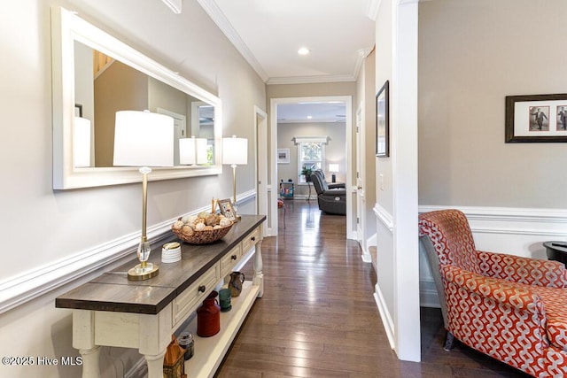26 Calhoun Ln, Pinehurst, NC 28374 - hallway featuring crown molding, dark wood-type flooring, and recessed lighting