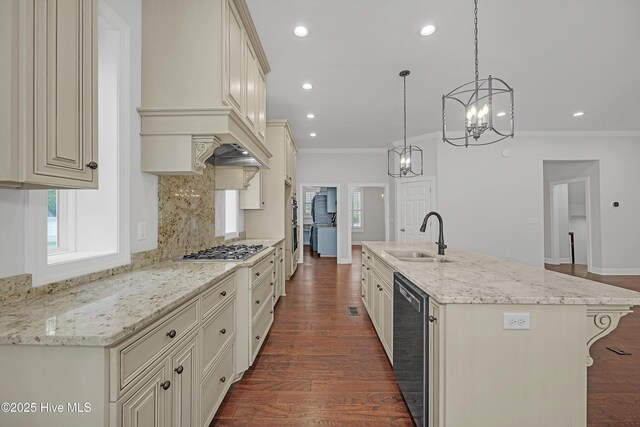 311 S Kingfisher Ln, Hampstead, NC 28443 - kitchen with stainless steel gas cooktop, crown molding, dark wood-style flooring, decorative backsplash, and recessed lighting
