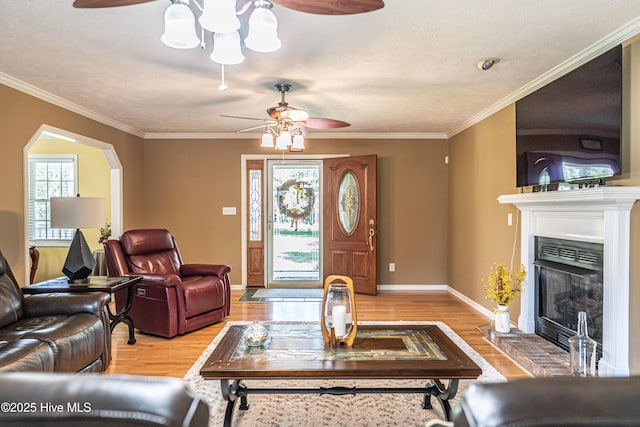 409 S Grace Chapel Church Rd, Hamlet, NC 28345 - living room with ceiling fan, light wood-style flooring, a fireplace, and crown molding