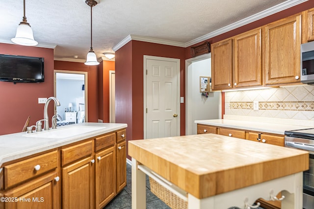 409 S Grace Chapel Church Rd, Hamlet, NC 28345 - kitchen with butcher block counters, appliances with stainless steel finishes, decorative backsplash, ornamental molding, and hanging light fixtures