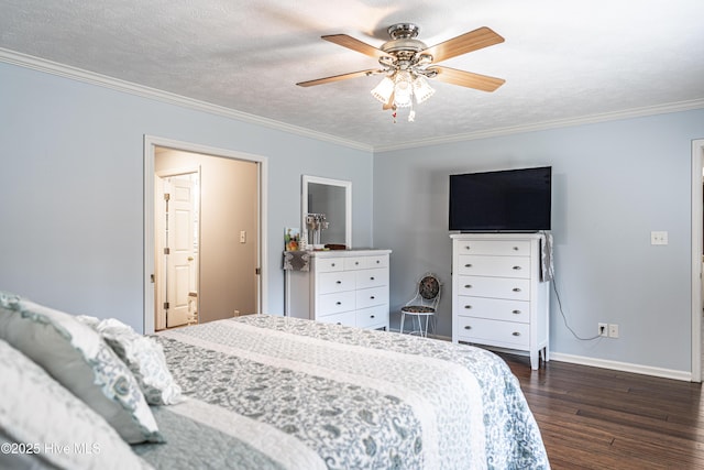 409 S Grace Chapel Church Rd, Hamlet, NC 28345 - bedroom with dark wood-style flooring, ornamental molding, ceiling fan, and a textured ceiling