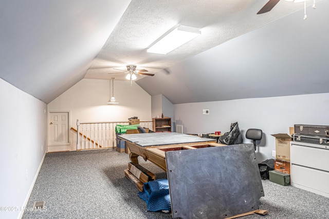 409 S Grace Chapel Church Rd, Hamlet, NC 28345 - playroom with a ceiling fan, carpet, and vaulted ceiling