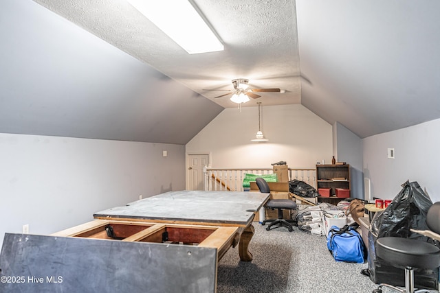 409 S Grace Chapel Church Rd, Hamlet, NC 28345 - game room featuring ceiling fan, vaulted ceiling, carpet, and a textured ceiling