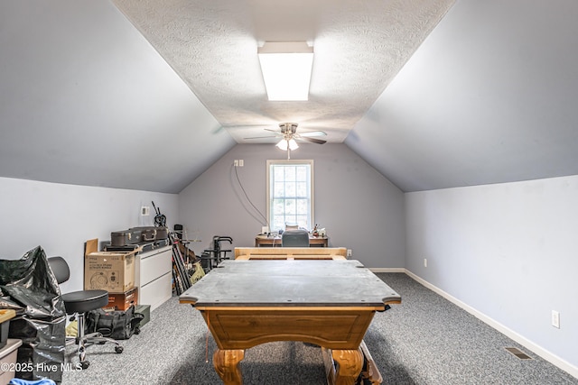 409 S Grace Chapel Church Rd, Hamlet, NC 28345 - recreation room featuring carpet flooring, lofted ceiling, a ceiling fan, and a textured ceiling