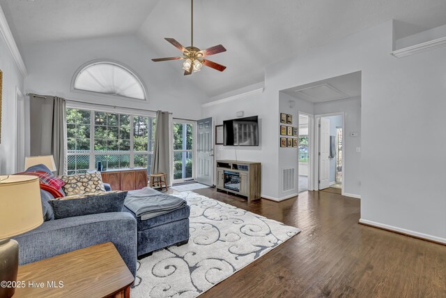 4606 White Ibis Ct, Wilmington, NC 28412 - living area with ceiling fan, attic access, wood finished floors, and high vaulted ceiling
