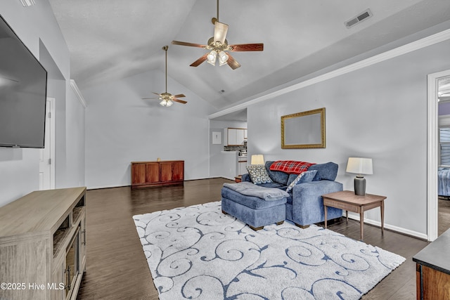 4606 White Ibis Ct, Wilmington, NC 28412 - living room with a ceiling fan, dark wood finished floors, and high vaulted ceiling