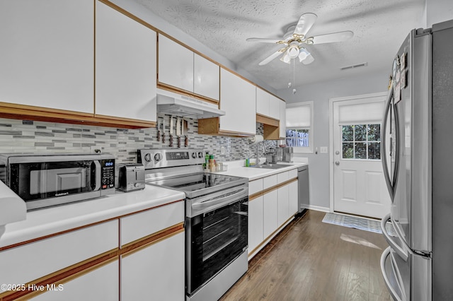 4606 White Ibis Ct, Wilmington, NC 28412 - kitchen featuring stainless steel appliances, under cabinet range hood, white cabinetry, tasteful backsplash, and dark wood-style flooring