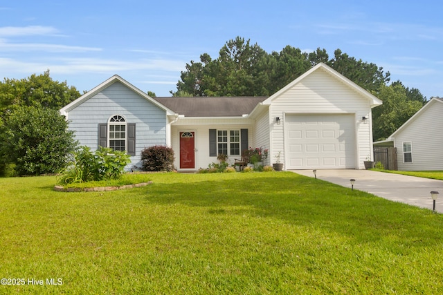 122 Fairmount Way, New Bern, NC 28562 - ranch-style house with driveway, a garage, a front yard, and a shingled roof