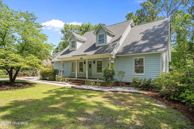 3313 Aster Ct, Wilmington, NC 28409 - cape cod house featuring a porch, a front yard, crawl space, and roof with shingles