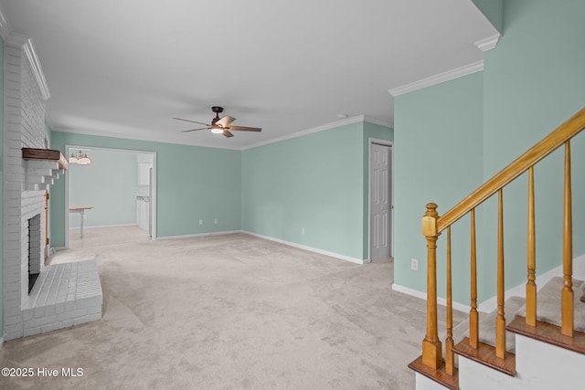 3313 Aster Ct, Wilmington, NC 28409 - unfurnished living room featuring a ceiling fan, crown molding, a fireplace, carpet floors, and stairway