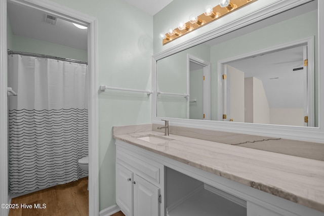 3313 Aster Ct, Wilmington, NC 28409 - full bath featuring vanity, wood finished floors, and a shower with shower curtain