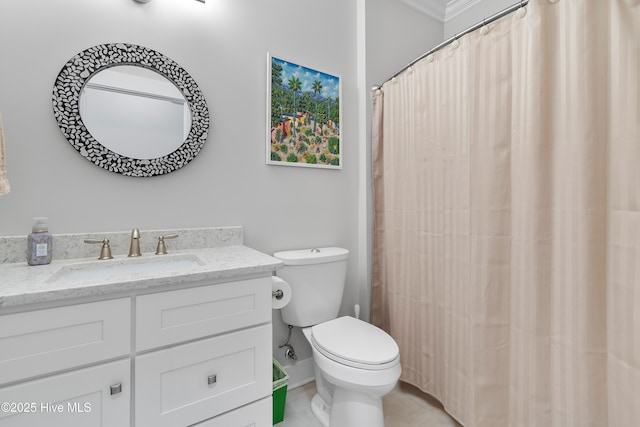 102 SW 4th St, Oak Island, NC 28465 - full bathroom with vanity, a shower with curtain, and ornamental molding
