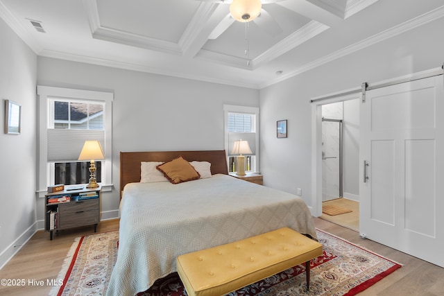 102 SW 4th St, Oak Island, NC 28465 - bedroom featuring a barn door, light wood finished floors, coffered ceiling, beamed ceiling, and ornamental molding