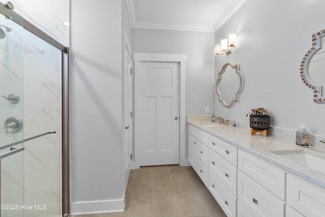 102 SW 4th St, Oak Island, NC 28465 - bathroom featuring double vanity, ornamental molding, a stall shower, and tile patterned flooring