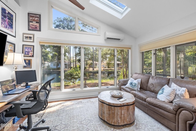 111 Mcginnis Dr, Pine Knoll Shores, NC 28512 - sunroom featuring an AC wall unit, a skylight, high vaulted ceiling, healthy amount of natural light, and wood finished floors