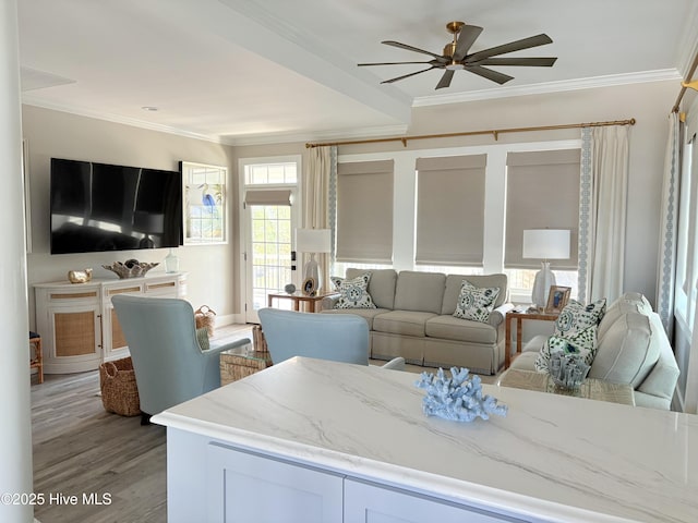 23 Leland St, Ocean Isle Beach, NC 28469 - living area with ornamental molding, ceiling fan, and light wood-style floors