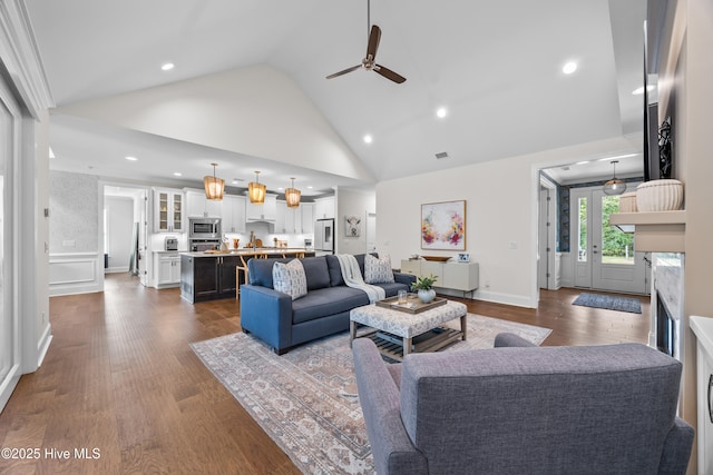 3478 Belle Meade Way NE, Leland, NC 28451 - living area with a ceiling fan, dark wood-type flooring, high vaulted ceiling, and recessed lighting