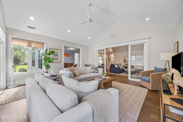 3478 Belle Meade Way NE, Leland, NC 28451 - living area featuring ceiling fan, vaulted ceiling, wood finished floors, and recessed lighting
