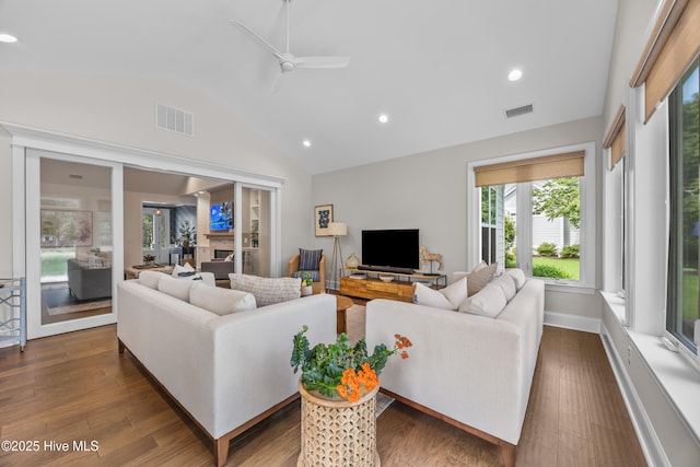 3478 Belle Meade Way NE, Leland, NC 28451 - living room with ceiling fan, dark wood-style floors, recessed lighting, and high vaulted ceiling