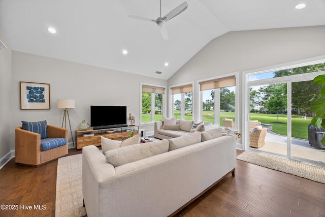 3478 Belle Meade Way NE, Leland, NC 28451 - living area featuring high vaulted ceiling, recessed lighting, ceiling fan, and dark wood finished floors