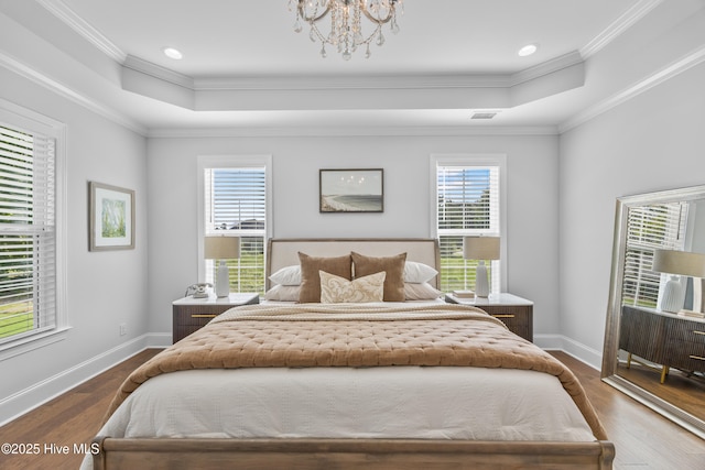 3478 Belle Meade Way NE, Leland, NC 28451 - bedroom with a raised ceiling, multiple windows, dark wood finished floors, crown molding, and recessed lighting