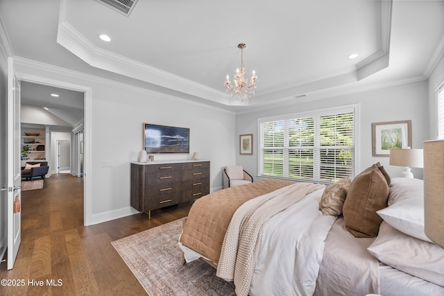 3478 Belle Meade Way NE, Leland, NC 28451 - bedroom with a raised ceiling, crown molding, a chandelier, recessed lighting, and dark wood-type flooring