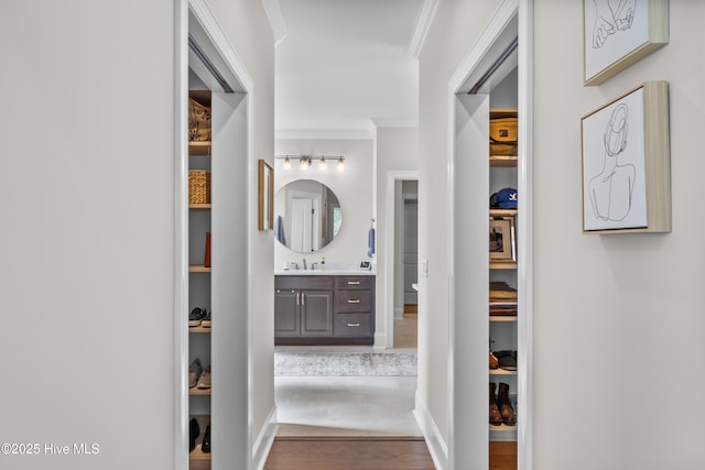 3478 Belle Meade Way NE, Leland, NC 28451 - hall featuring ornamental molding and wood finished floors