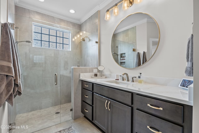 3478 Belle Meade Way NE, Leland, NC 28451 - bathroom with ornamental molding, vanity, a shower stall, and tile patterned floors