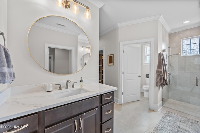 3478 Belle Meade Way NE, Leland, NC 28451 - bathroom featuring ornamental molding, vanity, and a stall shower