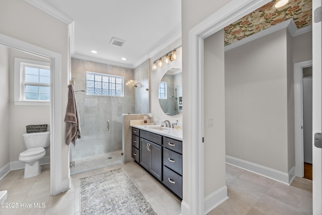 3478 Belle Meade Way NE, Leland, NC 28451 - bathroom featuring ornamental molding, vanity, a shower stall, and tile patterned flooring