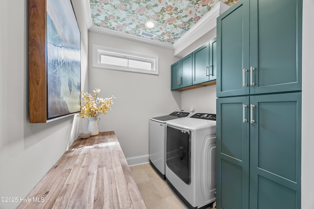 3478 Belle Meade Way NE, Leland, NC 28451 - washroom featuring washing machine and clothes dryer, cabinet space, and ornamental molding
