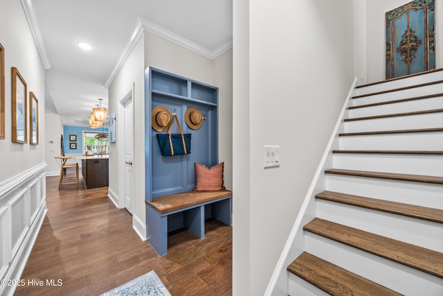 3478 Belle Meade Way NE, Leland, NC 28451 - mudroom featuring ornamental molding and dark wood-style floors