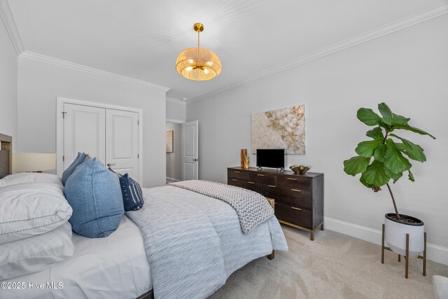 3478 Belle Meade Way NE, Leland, NC 28451 - bedroom with crown molding, light carpet, a closet, and a chandelier