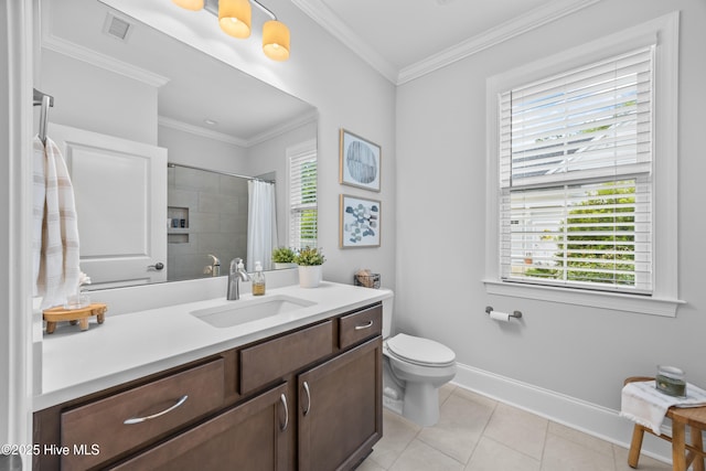 3478 Belle Meade Way NE, Leland, NC 28451 - bathroom with vanity, tile patterned floors, curtained shower, and ornamental molding