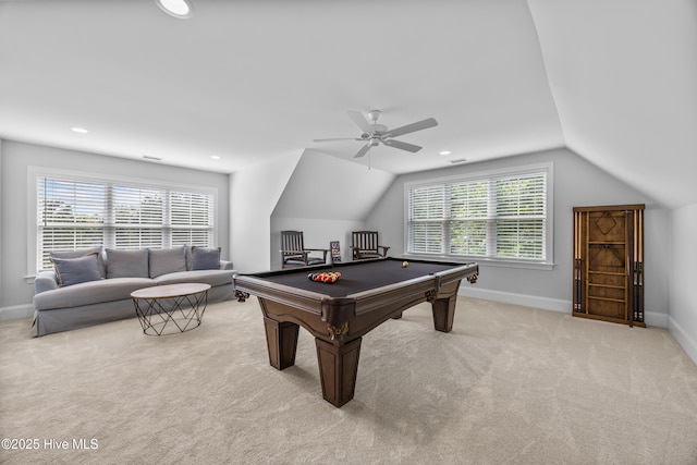 3478 Belle Meade Way NE, Leland, NC 28451 - rec room with light colored carpet, a ceiling fan, vaulted ceiling, healthy amount of natural light, and pool table