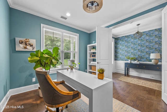 3478 Belle Meade Way NE, Leland, NC 28451 - office featuring dark wood finished floors, wallpapered walls, ornamental molding, and a wainscoted wall
