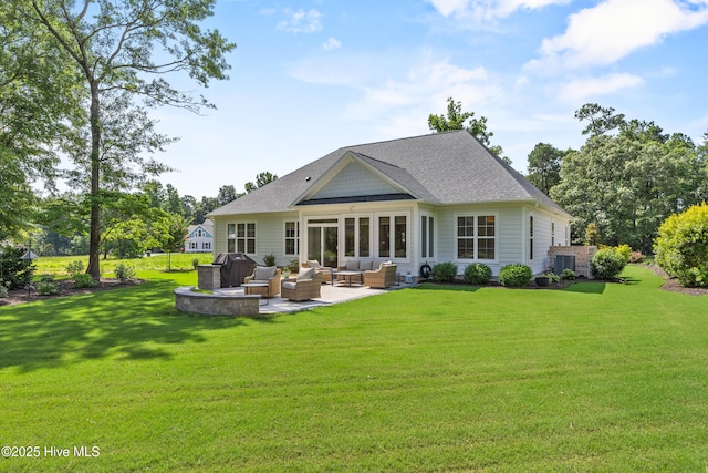 3478 Belle Meade Way NE, Leland, NC 28451 - rear view of property featuring outdoor lounge area, a patio, a lawn, and roof with shingles