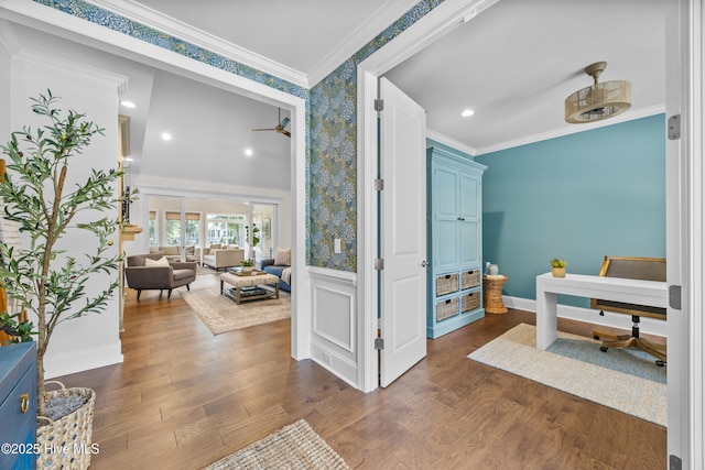 3478 Belle Meade Way NE, Leland, NC 28451 - office space with wallpapered walls, ceiling fan, wainscoting, dark wood-type flooring, and ornamental molding